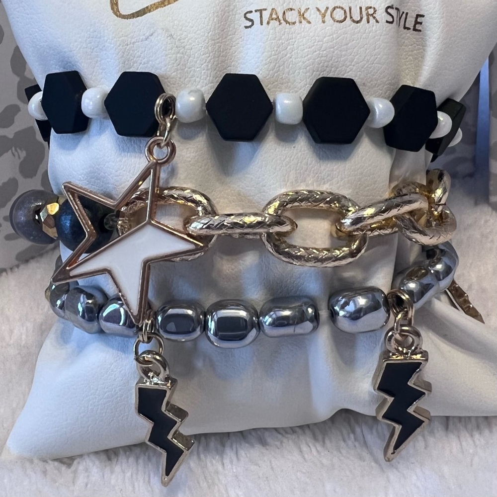 Brand New ERIMISH Bracelets 3 pc Gem Jams Kids Stack - Black & Silver